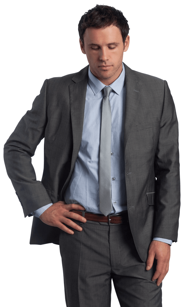 Professional Businessman in Gray Suit with Serious Expression on Transparent Background