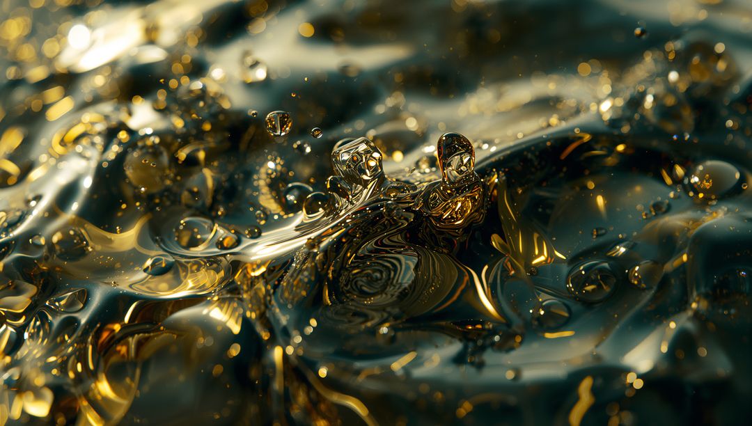 Macro Liquid Gold Splash with Teal Reflections, Abstract Metallic Droplets and Ripples