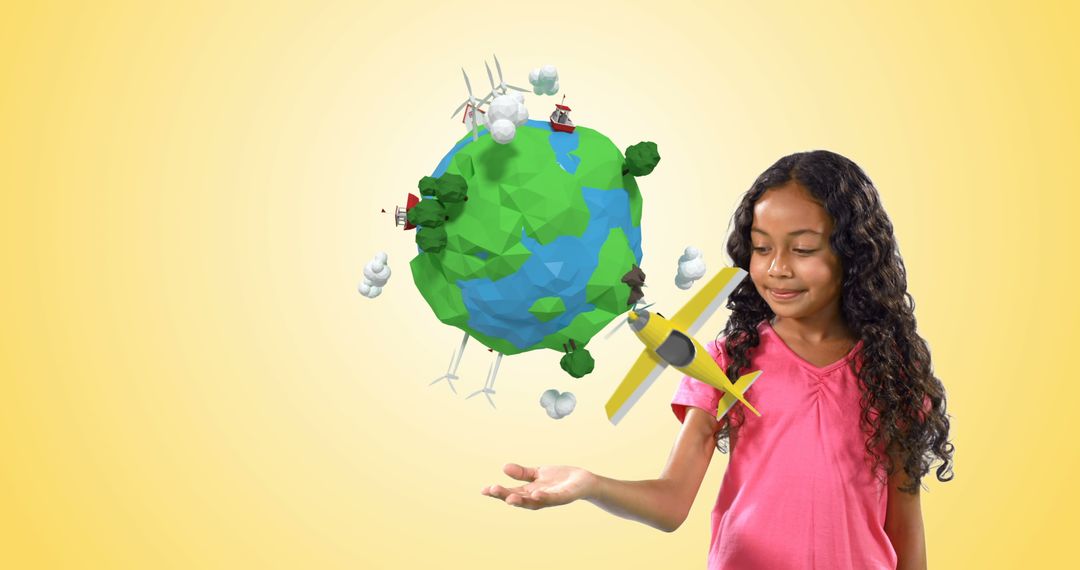 Girl Interacting with Cartoon Globe and Airplane - Free Images, Stock Photos and Pictures on Pikwizard.com