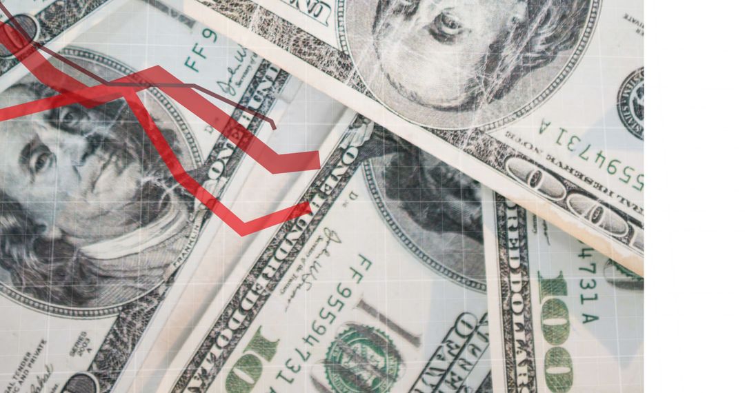 Red Arrow Down Over Scattered Dollar Bills with Graph Grid Overlay