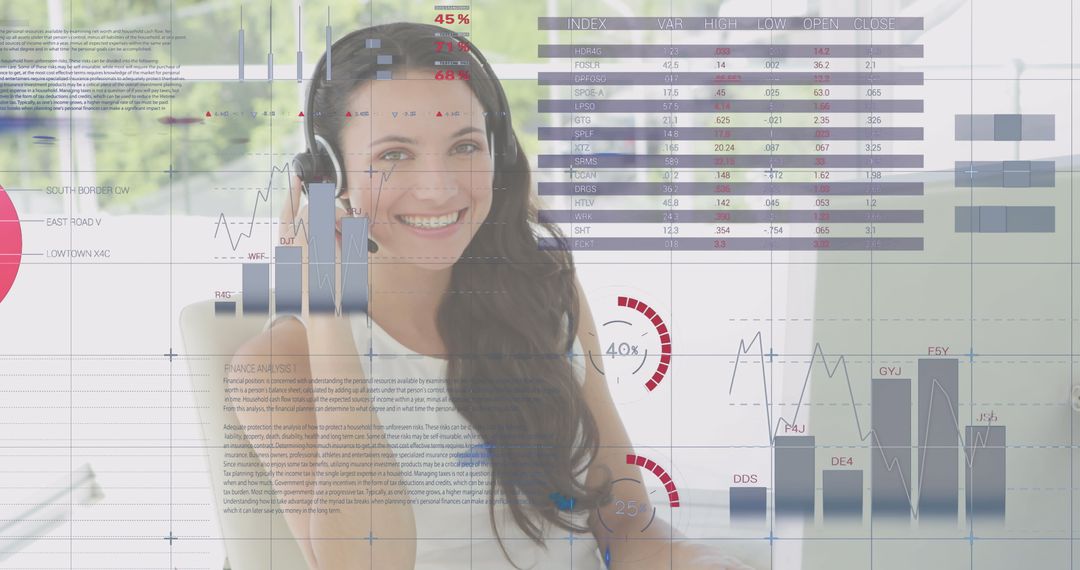 Smiling Female Consultant with Financial Data Graphics Overlay