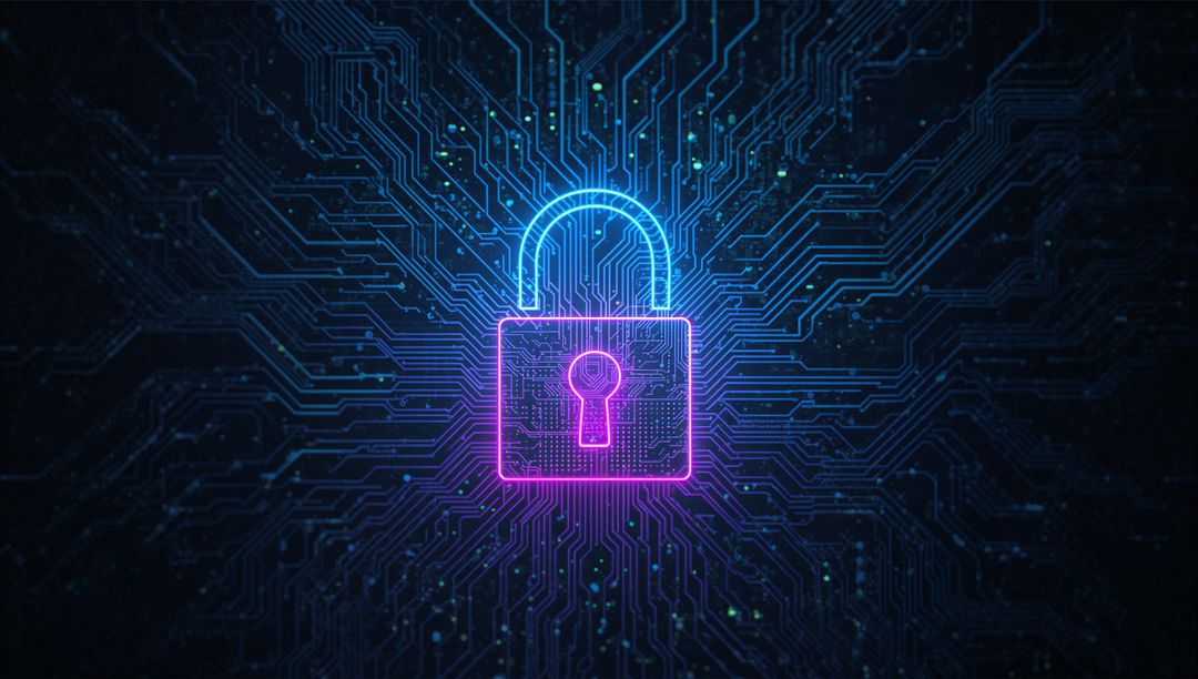 Glowing Cybersecurity Padlock with Circuit Board Background