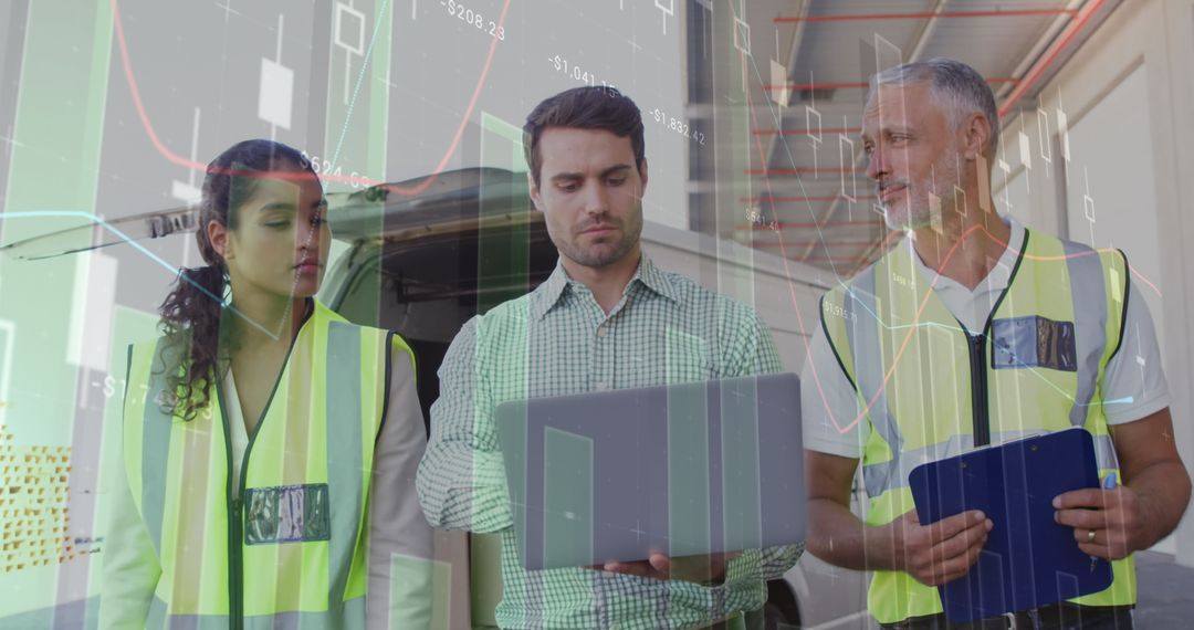 Team Analyzing Data with Digital Graphs Overlay