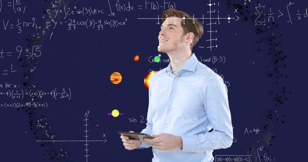 Businessman Contemplating Solar System with Mathematical Equations