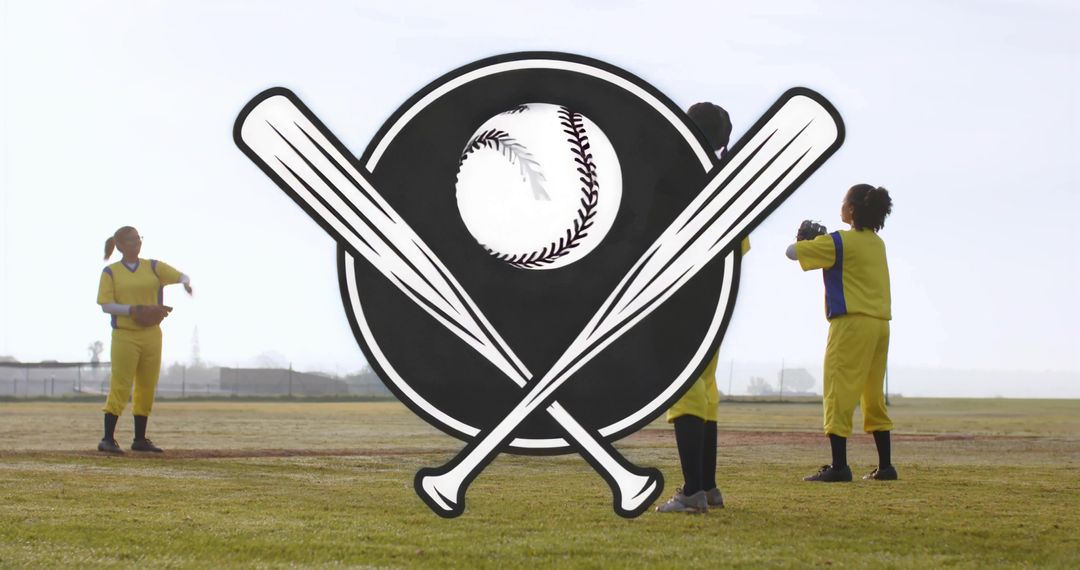Young Athletes Practicing Softball on Field with Baseball Motif