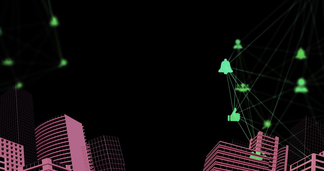 Digital Network Interface Over Cityscape with Icon Connections