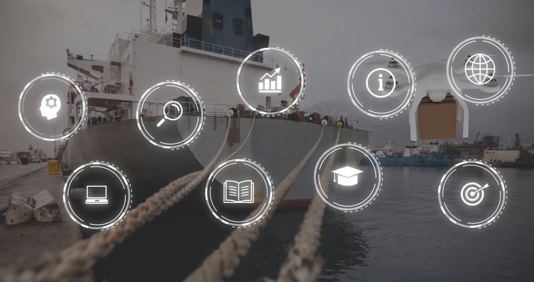 Digital Interface Icons Overlay Ship in Shipyard