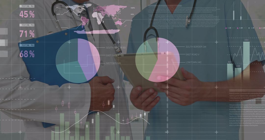 Doctors Analyzing Medical Data on Tablet with Infographics Overlay