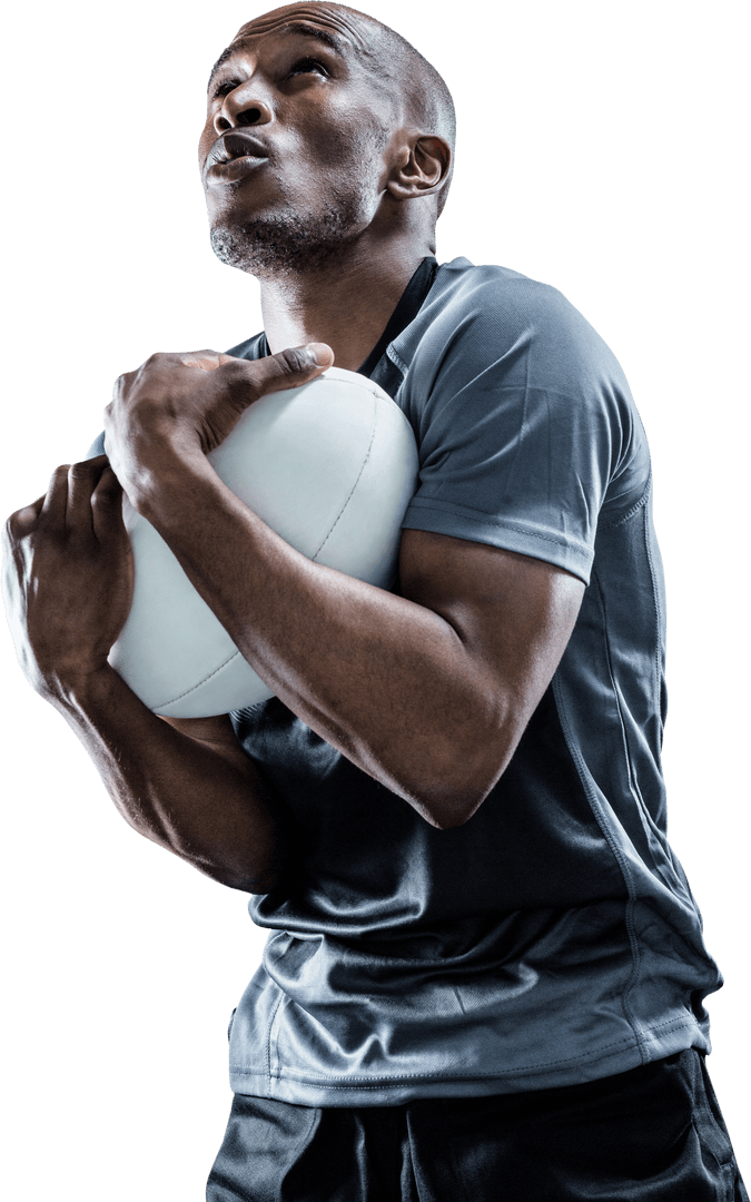 Rugby Player Understanding Football Strategy Holding Ball on Isolated Background