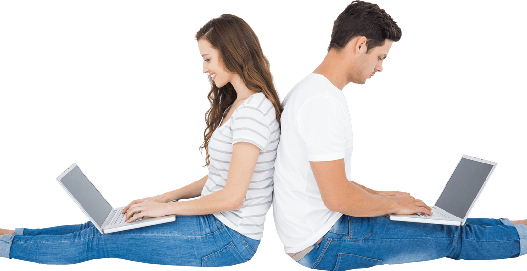 Transparent Background of Couple Using Laptops Back to Back