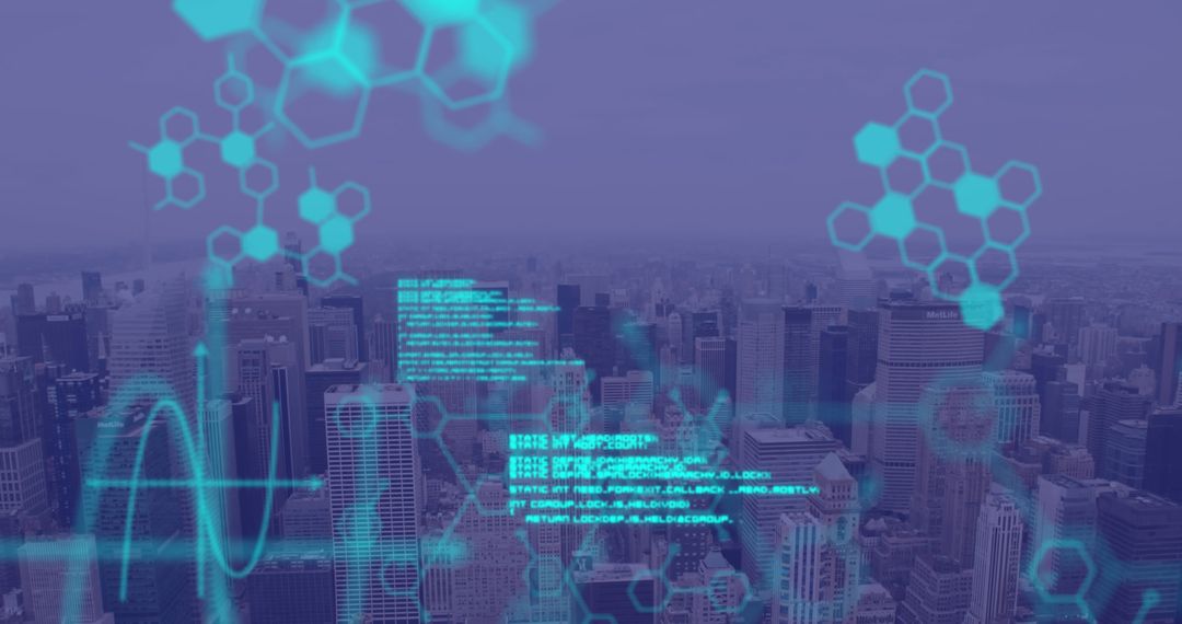 Digital Interface Grid Over Urban Skyline Illustrating Futuristic Technology