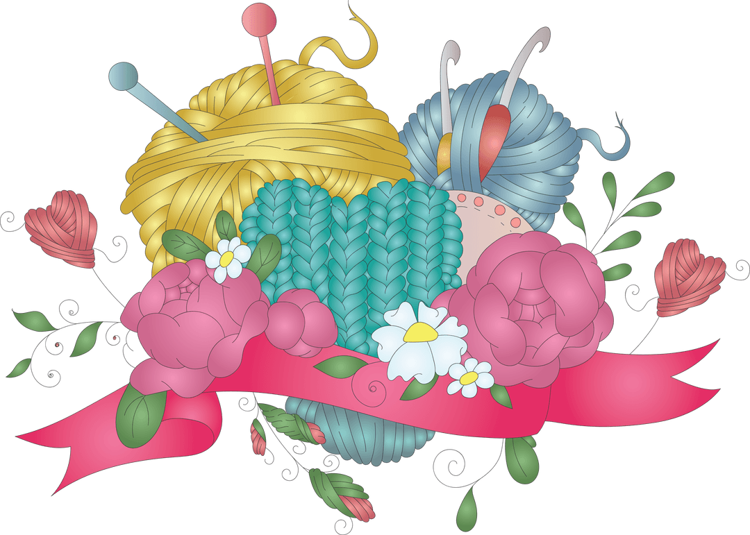 Floral Yarn with Knitting Needles on Transparent Background