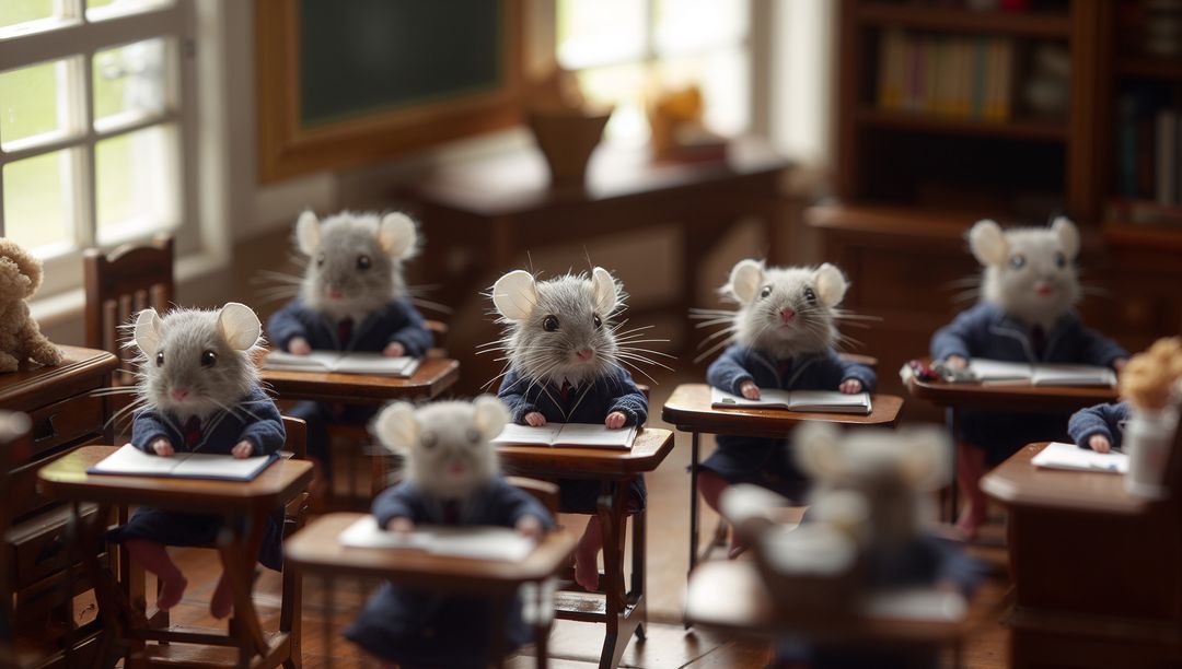 Adorable Mice in Classroom Uniforms Taking Notes