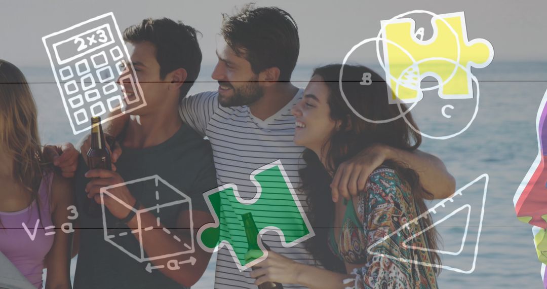 Joyful Beach Gathering Overlayed with Learning Symbols and Puzzles