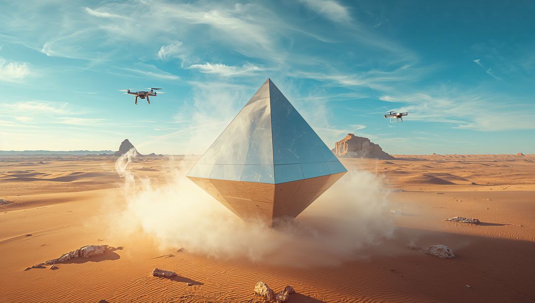 Reflective Metallic Bipyramid Hovering Over Desert Plain with Two Drones and Dust Cloud