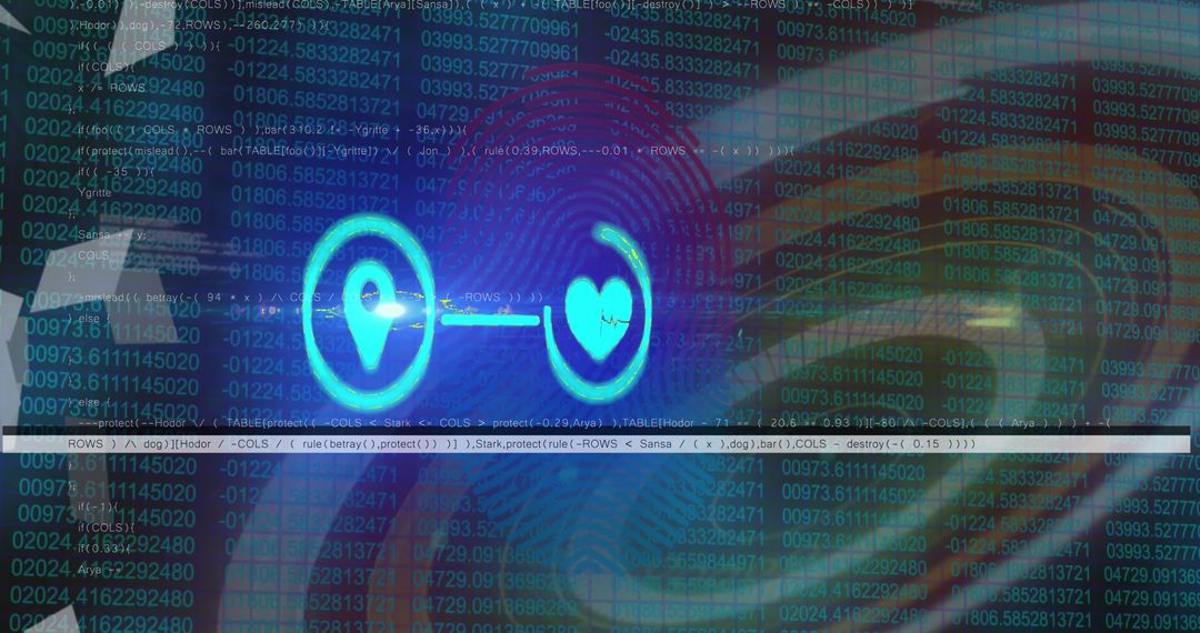 Digital Security Concept with Lock and Heart Icons Amidst Data Streams