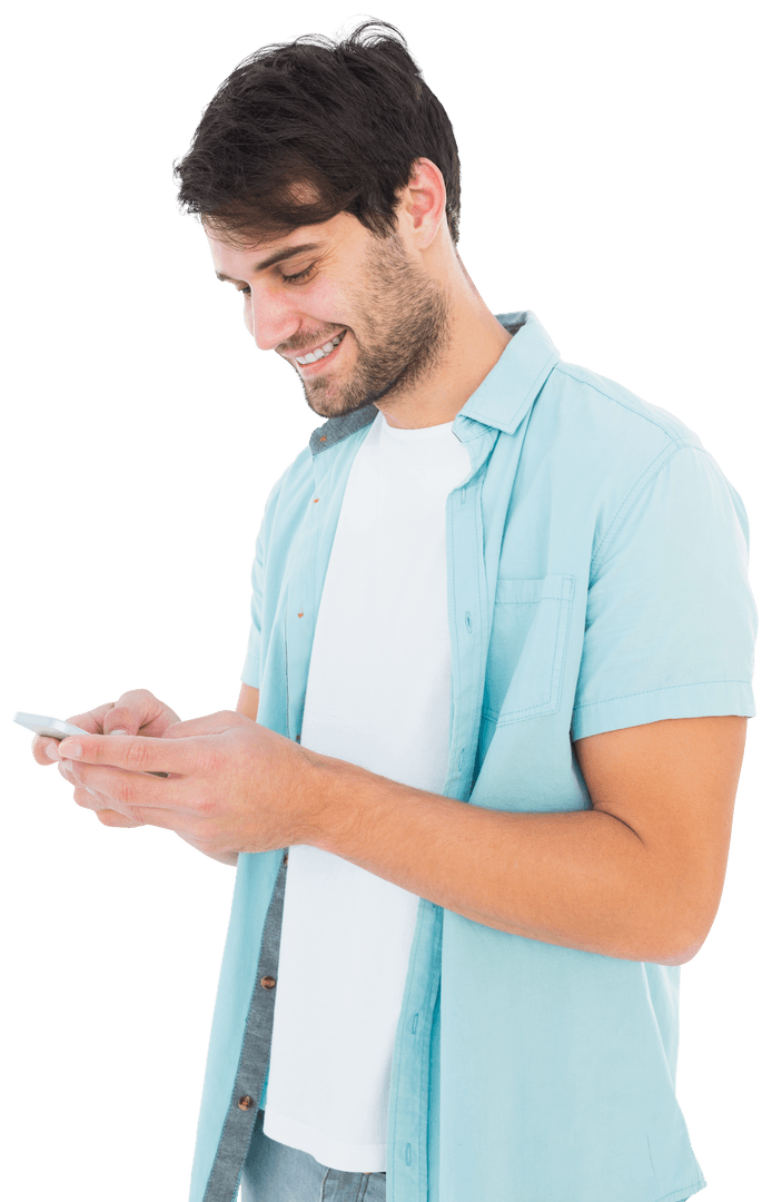 Transparent Casual Young Man Texting on Smartphone Smiling