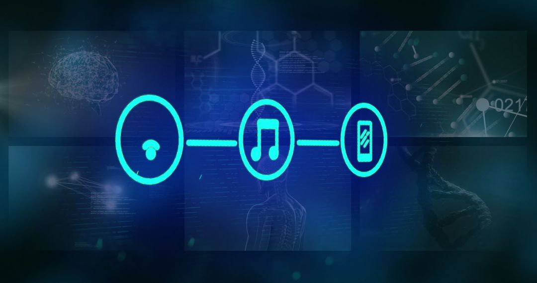 Digital Interface with Mushroom, Music, and Mobile Icons