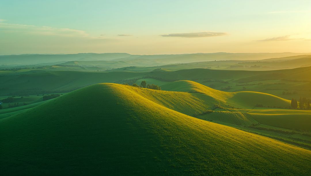 Rolling Green Hills Under Golden Light with Tree Clusters