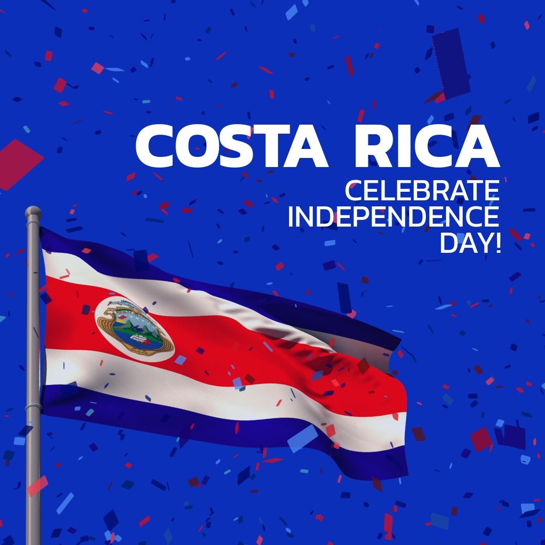 Confetti over costa rica independence day text banner and waving costa rica flag on blue background - Download Free Stock Templates Pikwizard.com