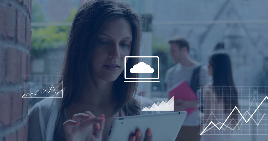 Woman Using Tablet with Data Icons at College Campus