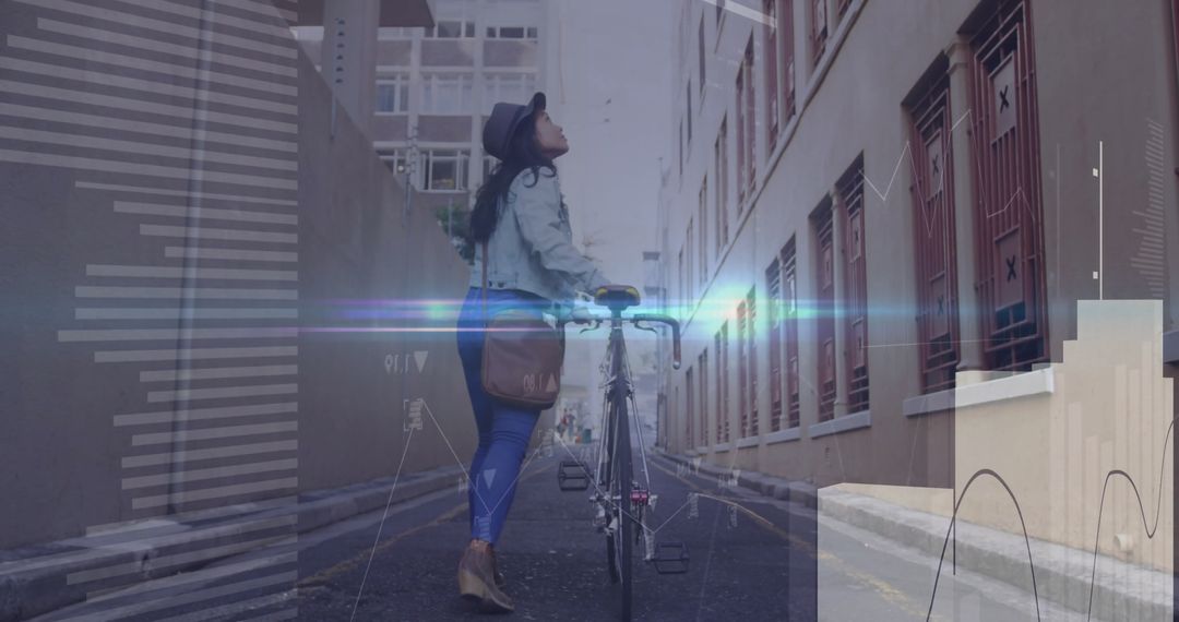 Woman Walking in Urban Alley With Bicycle and Satchel