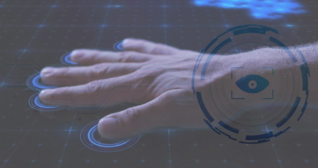 Hand Navigating Futuristic Control Panel with Biometric Interface