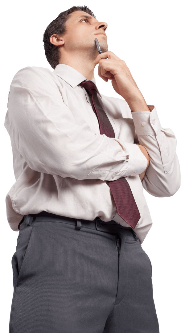 Thoughtful businessman holding pen against transparent background