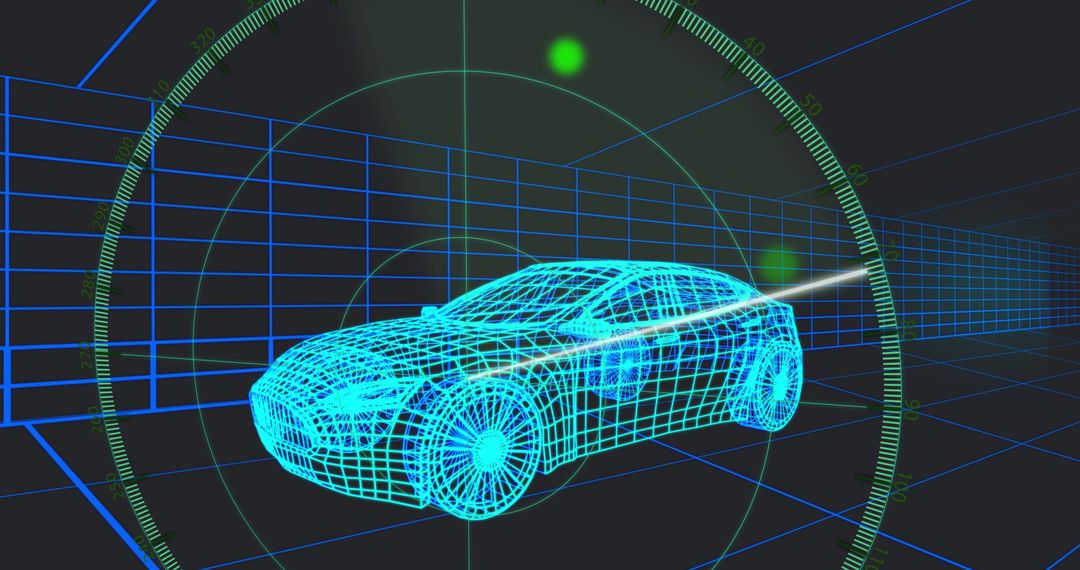 Futuristic Wireframe Sedan in 3D Grid Tunnel with Radar HUD