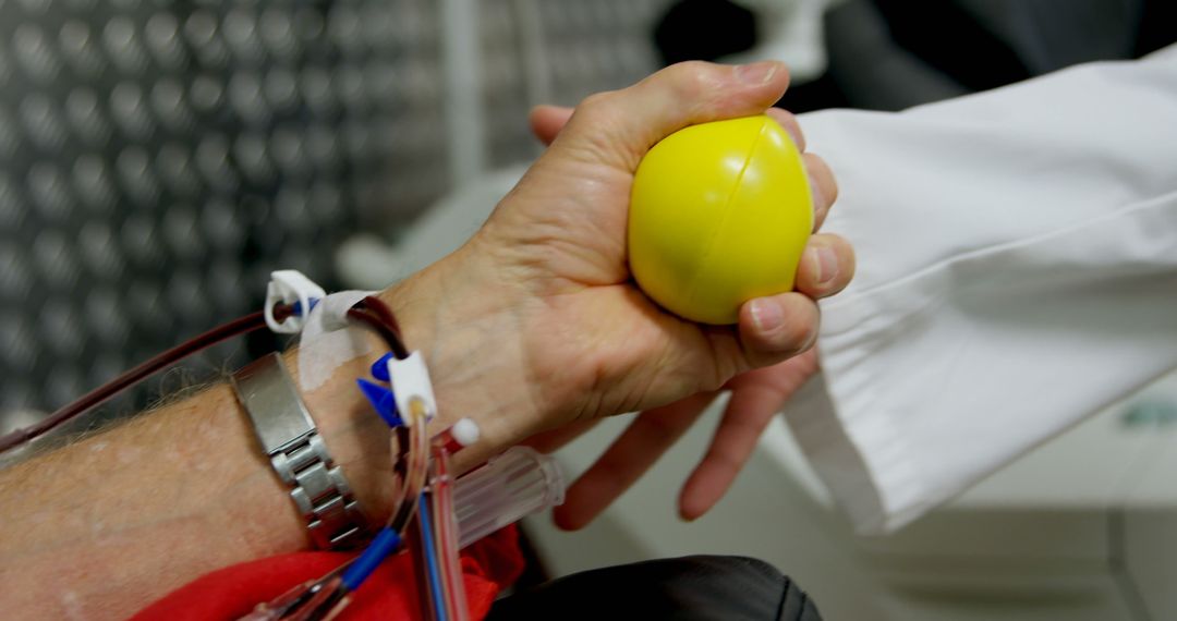 Person Donating Blood and Holding Stress Ball in Medical Center - Free Images, Stock Photos and Pictures on Pikwizard.com