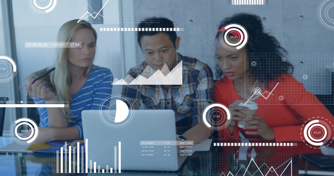 Team Collaborating on Data Analytics with Interactive Charts and Laptop Visualization