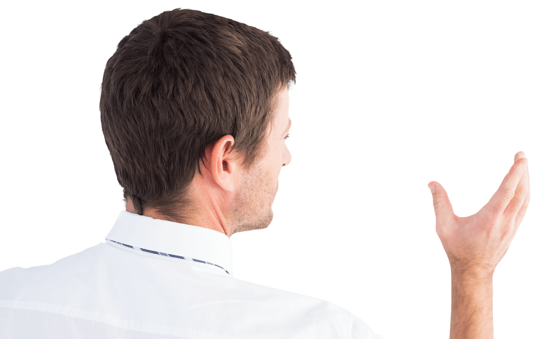 Confident Businessman Gesturing with Raised Hand on Transparent Background