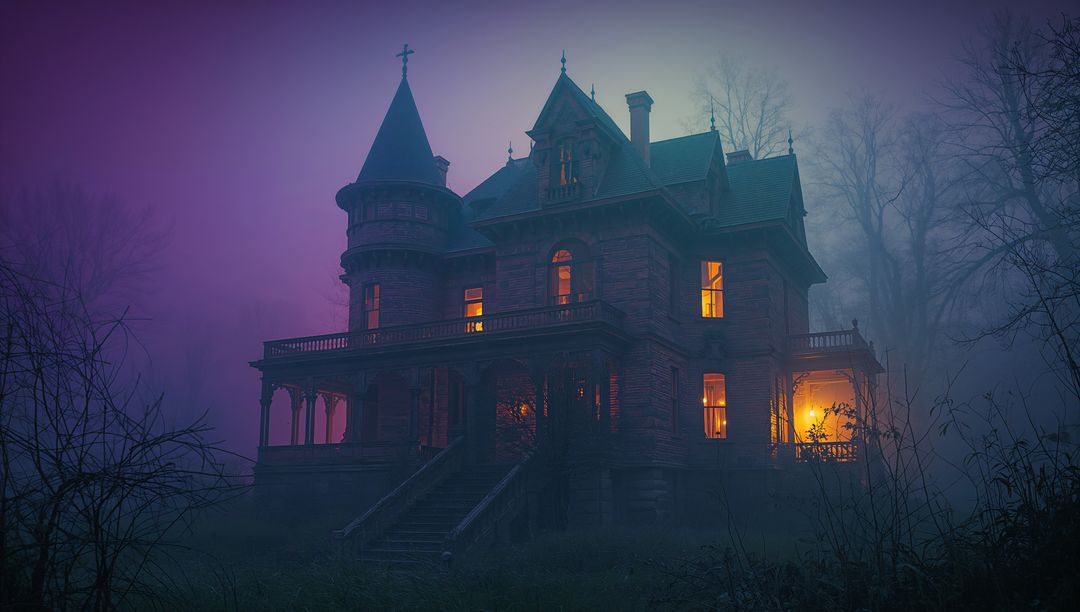 Eerie Victorian Mansion in Foggy Forest with Glowing Windows