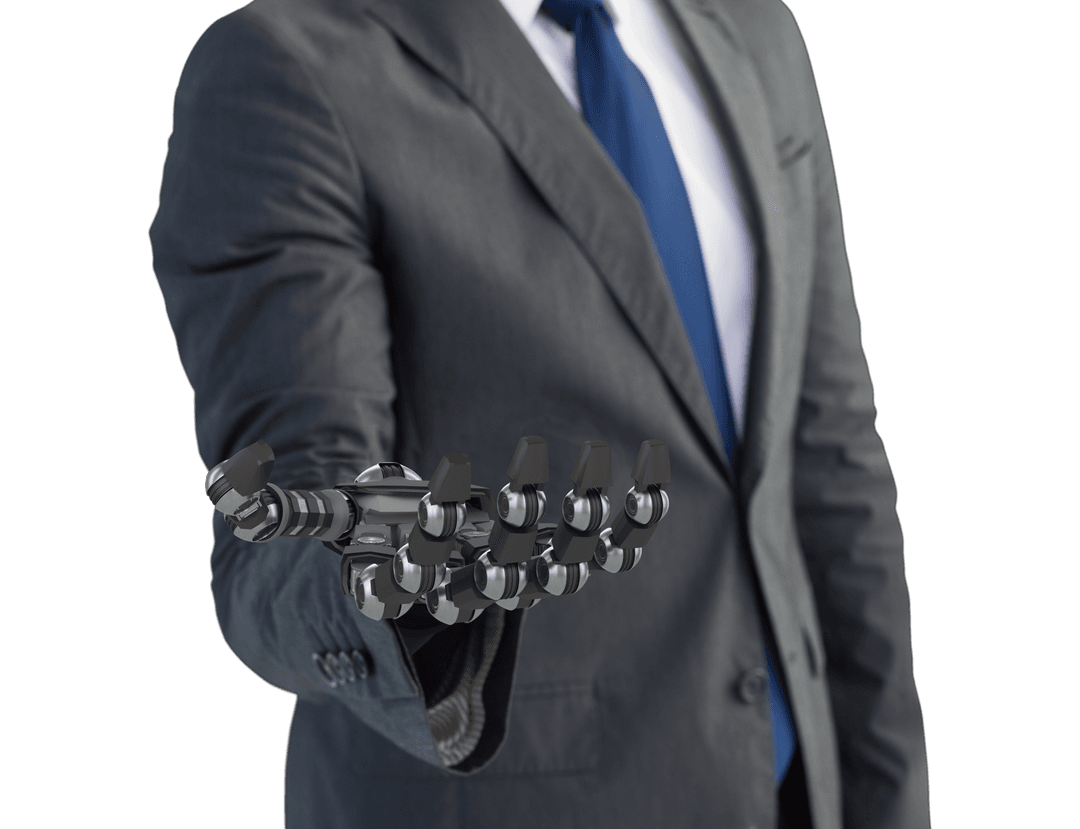 Transparent Cyborg Businessman with Robotic Hand Extending Forward