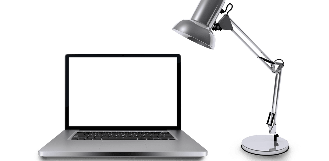 Modern Transparent Workspace with Laptop and Lamp