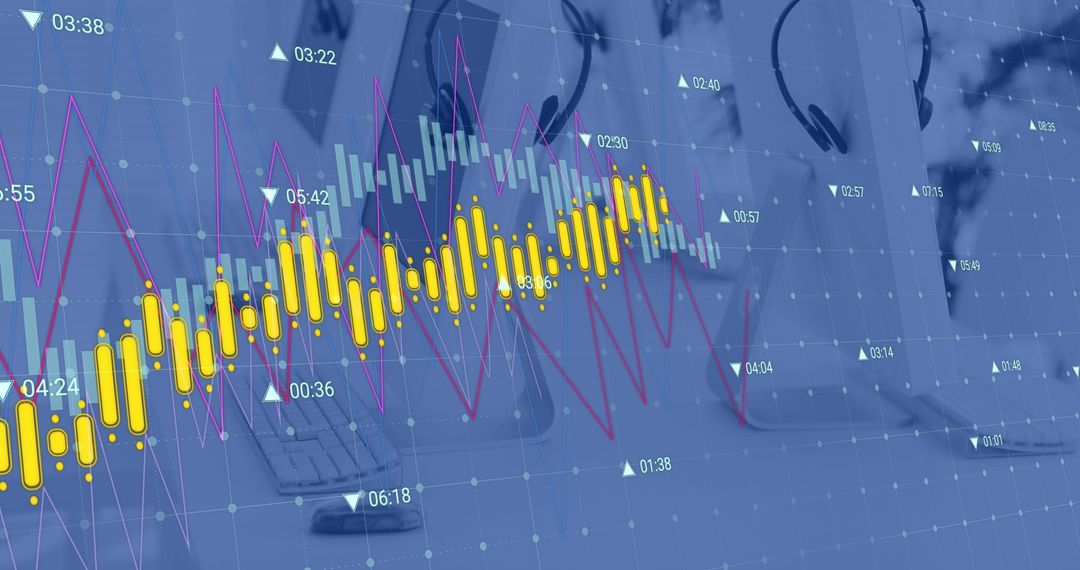 Analyzing Financial Data on Computer Screens with Headphones in Office