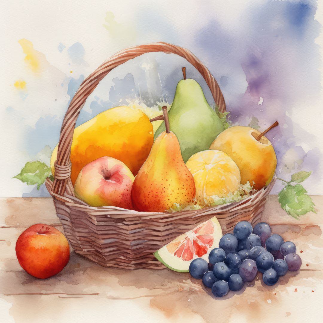 Watercolour with basket of fruit, created using generative ai technology - Free Images, Stock Photos and Pictures on Pikwizard.com