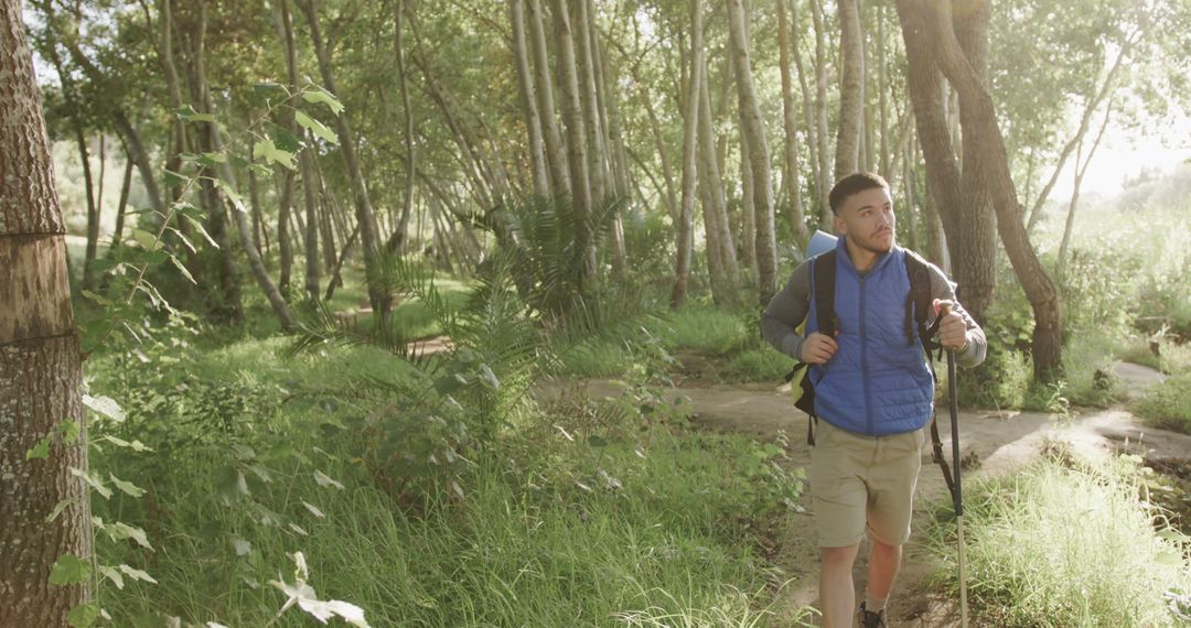 Man Exploring Forest on Hiking Adventure with Backpack