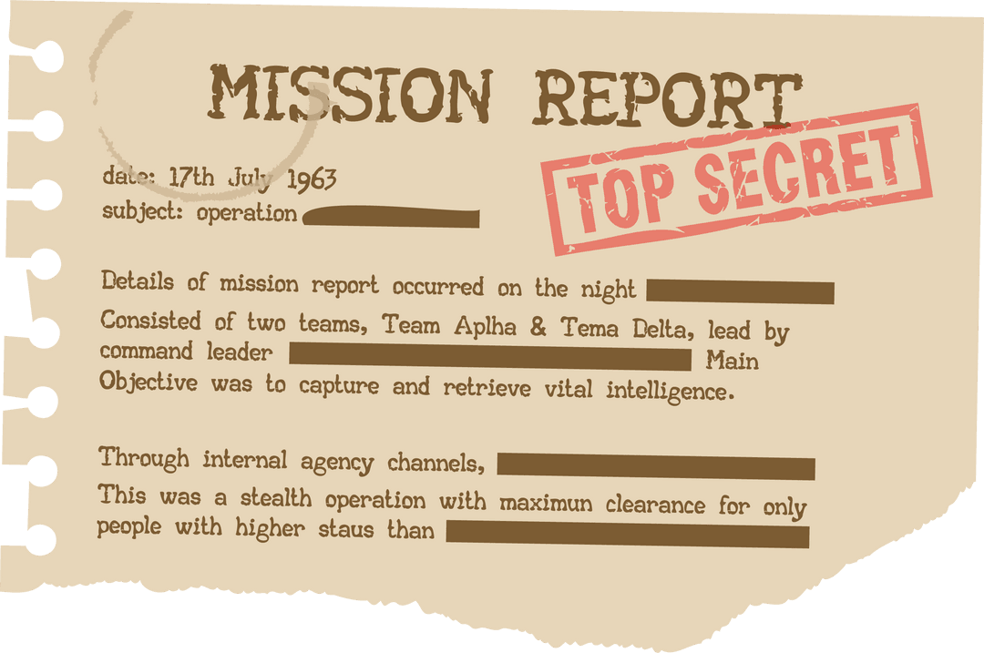 Vintage Torn Mission Report with Transparent Background