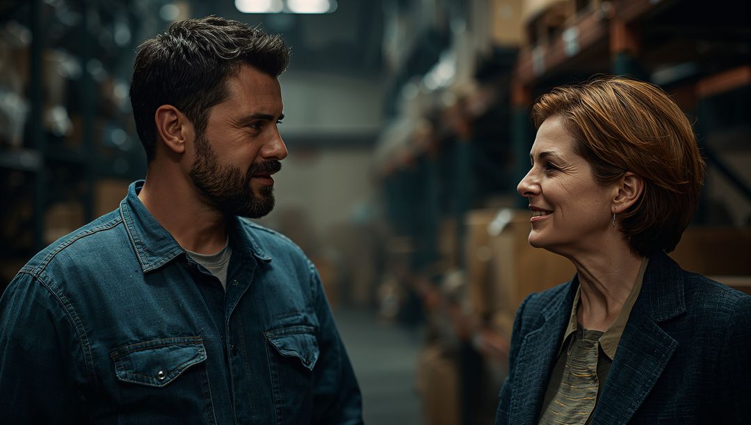 Business Professionals Collaborating in Warehouse Environment