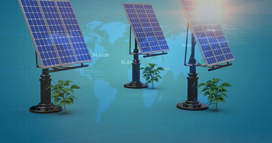 Solar Panels Illuminated Over World Map Concept