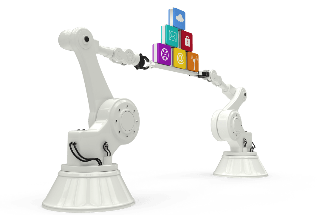 Transparent Robotic Arms Holding Colorful Communication Cubes Vector