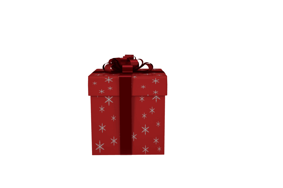 Red Christmas Gift Box with Snowflakes on Transparent Background