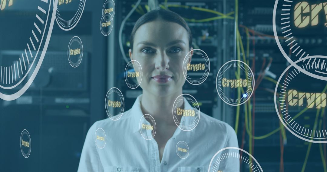 Female IT Engineer Surrounded by Digital Crypto Graphics