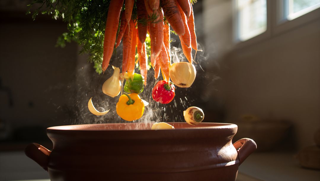 Sunlit vegetables falling into steaming earthenware pot with fresh carrots and peppers