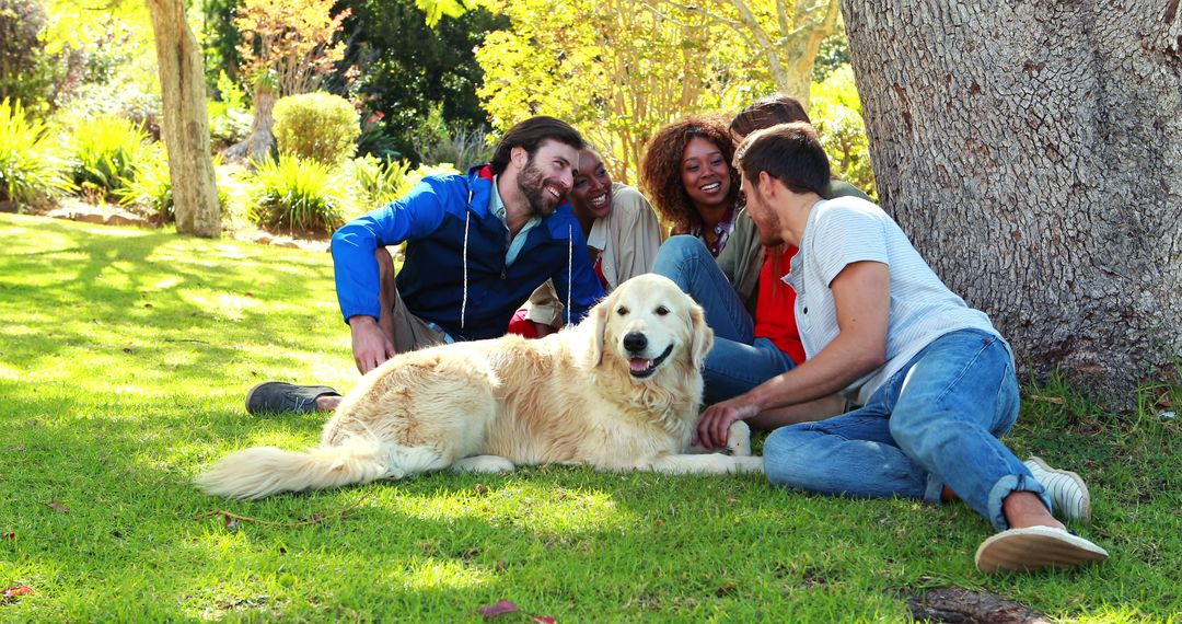 Group of Friends Relaxing in Park with Golden Retriever - Free Images, Stock Photos and Pictures on Pikwizard.com