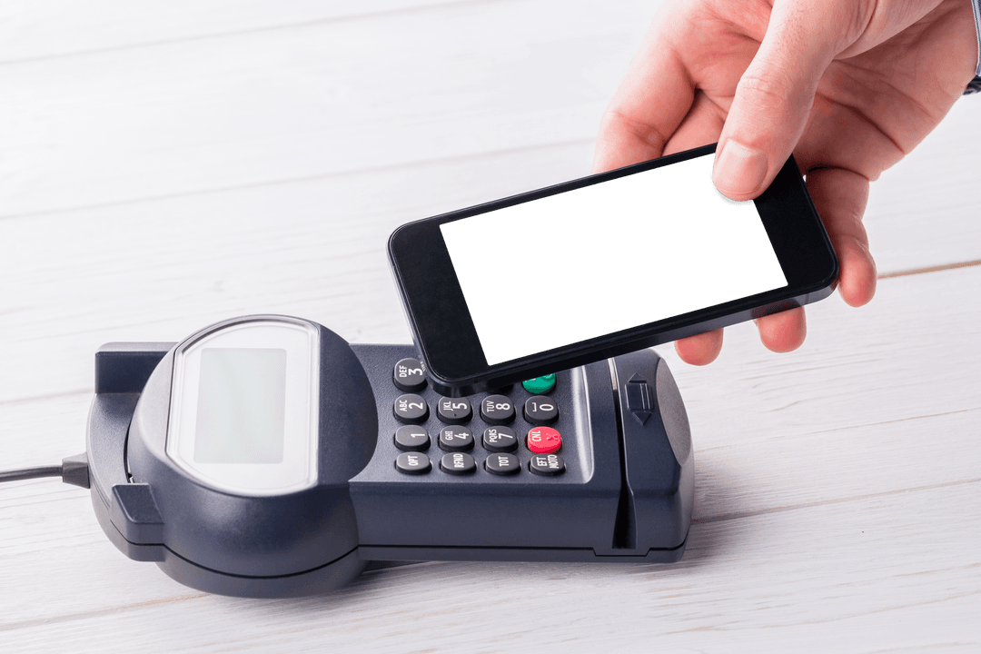 Hand Using Smartphone for Contactless Payment on Transparent Background