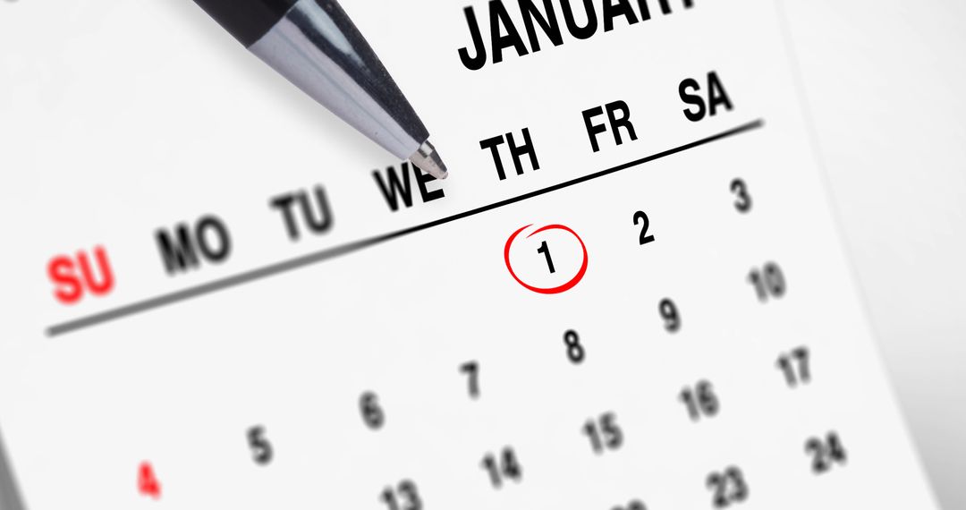 Pen Highlighting January 1st on Calendar for New Year Resolutions