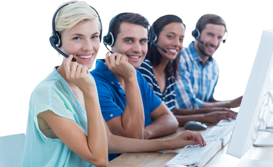 Happy Customer Service Team Working in Transparent Setting - Download Free Stock Images Pikwizard.com