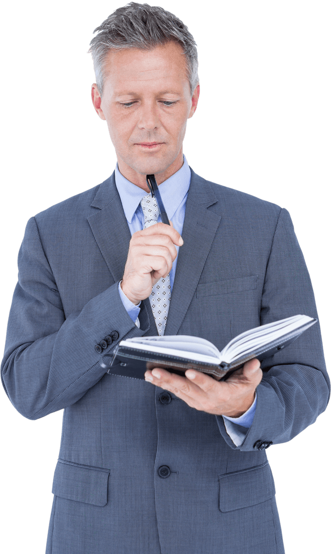 Businessman in Formal Suit Holding Diary and Pen Transparent Background